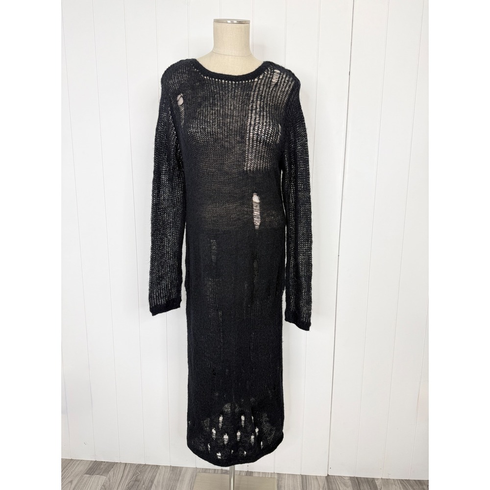 Black Distressed Open Weave Knit Sweater Dress Women 0XL Grunge Edgy Goth Midi